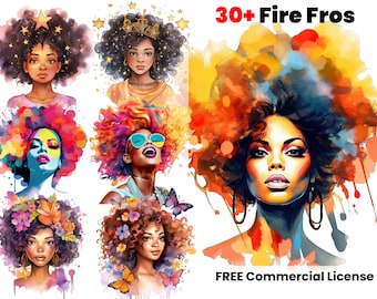 Afro, African American Pop Art, Graphic designs, melanin print, afro png clipart, digital download, sublimation, colorful watercolor images