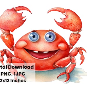 Cabby sonriente dibujos animados acuarela clipart, pesca de cangrejos, imágenes prediseñadas de pesca, cangrejo PNG, pesca de cangrejo oceánico, ilustración de acuarela, impresión de cangrejo, PNG