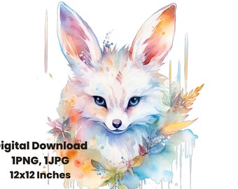 White Artic Fox portrait, cute fox clipart, Watercolor wolf print, Nursery Fox, Digital art, sublimation, graphic design, png files,