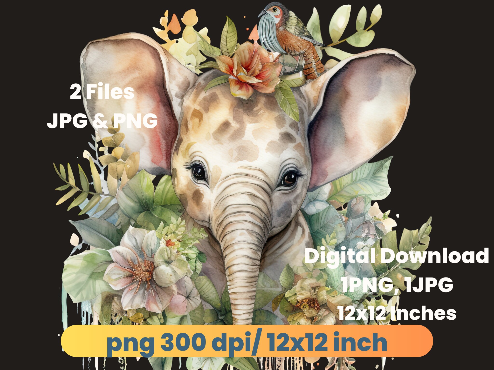 Baby Elephant Watercolor Clipart, Png, Printable Elephant Nursery ...