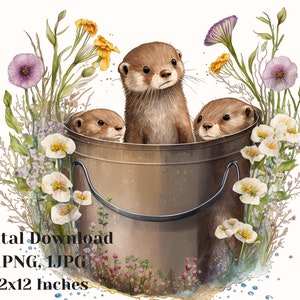 Cute Otters, clip art image files, watercolor art, watercolor clipart, sublimation png, cute otter clipart, monkey prints, otter png, otter