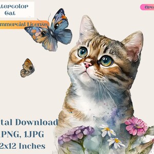 Watercolor Kitten Clipart, Cat Png, Cat lover gift ideas, Printable cat art, Colorful cat painting, Domestic cat clipart, Pet lover clipart