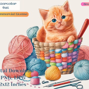 Watercolor Kitten Clipart, Cat Png, Cat lover gift ideas, Printable cat art, Colorful cat painting, Domestic cat clipart, Pet lover clipart