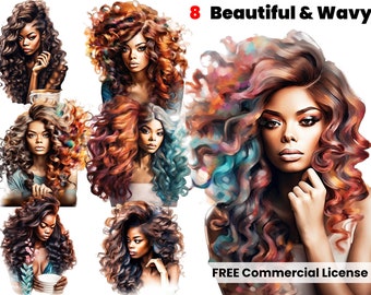 Black Beautiful and Wavy, Black Queen, African American,  Black Art, digital download, sublimation, graphic design, watercolor clipart, png