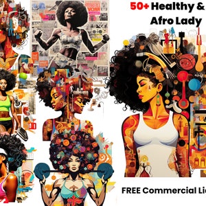 Healthy & Fit African American Lady Pop Art, Graphic designs, afro png clipart, digital download, sublimation, colorful watercolor images