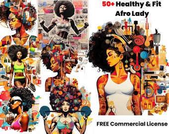 Healthy & Fit African American Lady Pop Art, Graphic designs, afro png clipart, digital download, sublimation, colorful watercolor images