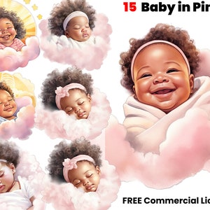 Afro bébé en rose aquarelle Clipart, afro-américain, Black Art, magie fille noire, genre révèlent png, conception graphique, téléchargement numérique, image 1
