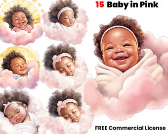 Afro Baby in Pink Watercolor Clipart, African American, Black Art, Black girl magic, gender reveal png, graphic design, digital download,