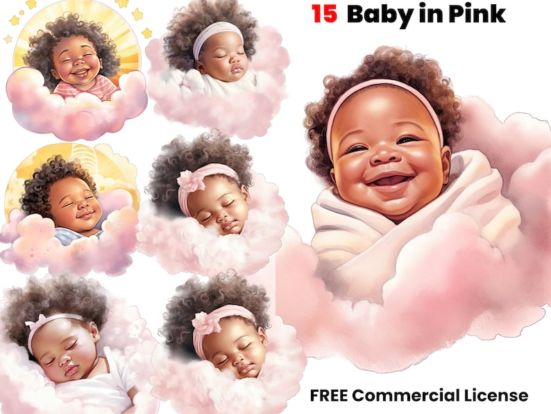 Afro bébé en rose aquarelle Clipart, afro-américain, Black Art, magie fille noire, genre révèlent png, conception graphique, téléchargement numérique, image 1