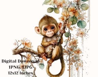 Monkey png, clip art image files, watercolor art, watercolor clipart, sublimation png, cute monkey clipart, monkey prints, monkey clipart