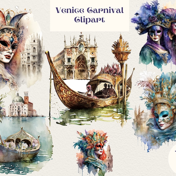 Venice, Venice art, Watercolor Clip Art, PNG, Retro Postcards, Printable, Commercial Use, AI, Images, Diary, Fantasy, Digital planner, art