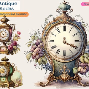 アンティーク時計のクリップアート、時計のクリップアート、ビンテージ時計、レトロなクリップアート、png、スクラップブッキング、水彩画、無料の商用利用、時計、時間、png