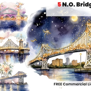 New Orleans Cityscape clipat, Bridge, River, Louisiana Clipart, New Orleans clipart, NOLA PNG, River Front png, night, moon, night sky