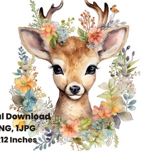 Woodland Buck Nursery Watercolor Clipart, png, Printable artwork, Digital Graphic Designs, sublimation design, instant download, Deer print