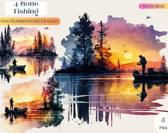 Gone Fishing, Animals, Fish, Fishing, Fishing png, Watercolor Clipart, PNG, Commercial Use, Graphic Design, Illustration Print, boat, art