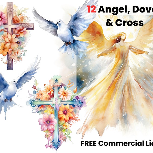 Christian Watercolor Clipart, Angel Art, Religious png, sublimation designs, digital download, graphic design, Dove image, Cross print