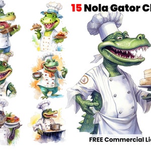 Gator Chef Cartoon Character, Kids Clipart, Nursery, animé, Louisiane Clipart, Gator PNG, Enfants imprime, Alligator png, Crocodile, nourriture