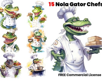 Gator Chef Cartoon Character, Kids Clipart, Nursery, animated, Louisiana Clipart, Gator PNG, Children prints, Alligator png, Crocodile, food