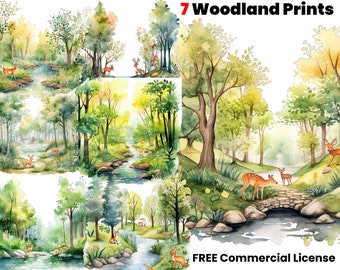 Woodland Tree and Forest Clipart, River, Illustration Print, Woods, art, graphic design, instant download, sublimation designs, png files