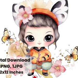 Asian Pop girl clipart, Adorable Chibi Girl, cute girl chibi, PNG, clipart, Watercolor clipart, girly png, kawaii clipart, kawaii girl png