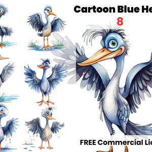 Garza azul animada, imágenes prediseñadas de acuarela, garza de Luisiana PNG, garza de dibujos animados, animado, imágenes prediseñadas de guardería para niños, impresión, imágenes prediseñadas, PNG, pájaro png