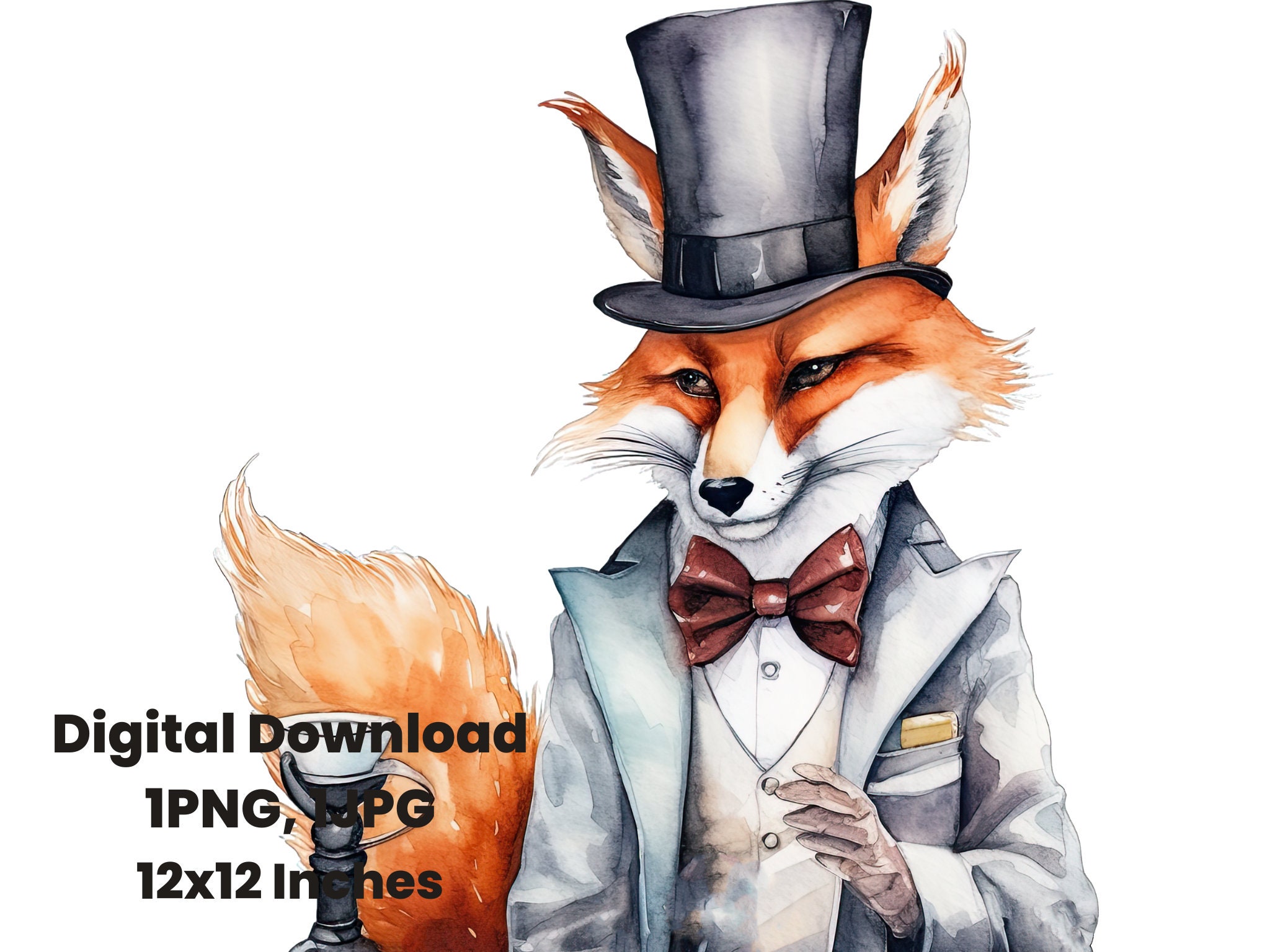 Fox With Top Hat Watercolor Clipart Whimsical Portrait Png Etsy