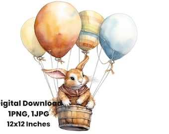 Bunny and Balloon Clipart, in sky, Watercolor clipart, graphic design, sublimation design, digital art, instant download, commercial use