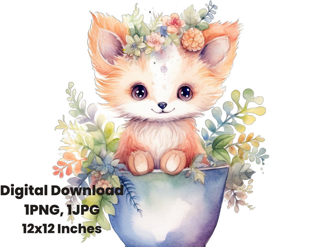 Baby Tea Cup Forest Fox, Cute Woodland Fox Clipart, Watercolor Print