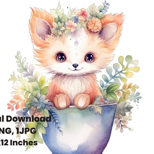 Baby Tea Cup Forest Fox, joli clipart de renard des bois, Impression aquarelle, Nursery Fox, Art numérique, conception de sublimation, conception graphique, fichier png