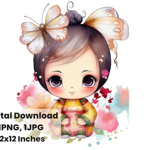 Pop girl Asian clipart, Adorable Chibi Girl, cute girl chibi, PNG, clipart, Watercolor clipart, girly png, kawaii clipart, kawaii girl png