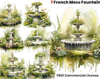French Moss Fountain Watercolor Clipart, Water Fountain, Courtyard PNG, Digital planner, Digital paper, art, Graphic design, Digital Print