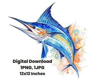 Marlin Watercolor Fish, Saltwater Fish Clipart, Marlin Fish Swimming PNG, Commercial Use, Watercolor Illustration, Salt life, fishing png