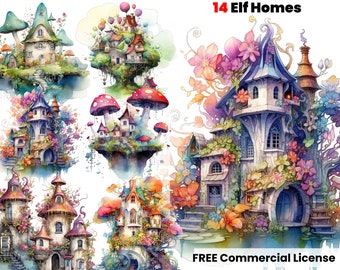 Elf and Fairy Home watercolor clipart, Village, Sublimation Designs, PNG, Digital Download, printable, planner stickers, fantasy prints, art