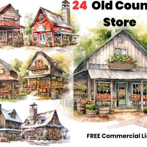 Clipart de aquarela Old Southern Country Store, Louisiana Clipart, frente de loja png, download digital, design de sublimação, arte do sul