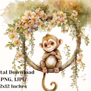 Singe mignon, fichiers image clip art, art aquarelle, clipart aquarelle, png de sublimation, clipart singe mignon, impressions de singe, png de singe