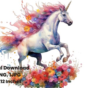 Unicornio floral acuarela Clipart, arte de caballos, fantasía, planificador digital, papel digital, grimorio digital, griego, diseños de sublimación, png