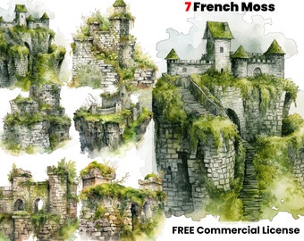 French Moss Overgrowth Watercolor Clipart, Castle png, Greenery print, Digital planner, Digital paper, art, Graphic design, Digital Print
