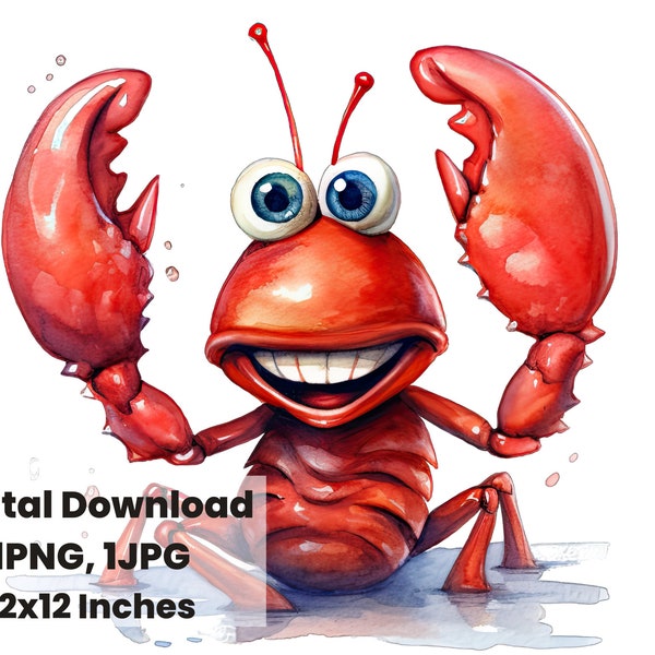Cutie Crawfish Watercolor clipart, Lobster, Cartoon Character, Kids Clipart, Nursery png, animated png, Child clipart, Funny clipart, png