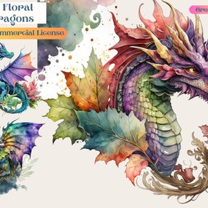 Dragón floral, Dragón, Arte del dragón, Descarga digital, Clip art, PNG, diseños de sublimación, descargas de diseños de sublimación, acuarela, griego