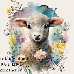 Baby lamb illustration, Cute animal graphic, Hand painted farm animal art, Nursery animal clipart, Lamb art, png, Lamb watercolor clipart
