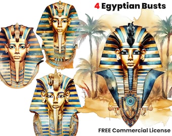 Egyptian Busts watercolor clipart, Ramesses png, Egypt Statues, Digital download, sublimation design, graphic design, art, King Tut print