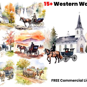 Western Horse and Wagon, clipart acquerello, cavallo e buggy, design a sublimazione, progettazione grafica, download digitale, arte digitale, png, stampa
