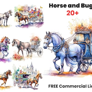 Clipart Horse and Buggy Acquerello, Clipart di New Orleans, Download digitale, arte digitale, design a sublimazione, design grafico, stampa cavallo, png
