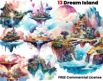 Dream Island Watercolor Clip Art, Instant Download, PNG, Commercial Use, Printable, travel, Art Nouveau, graphic design, sublimation, prints