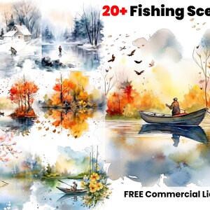Gone Angeln Aquarell Bundle, Angelrute, Fisch, Angeln, PNG, Clipart, Illustration Print, Boot, Kunst, floral, Schnee, Frühling, Herbst, See