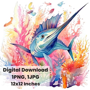 Blue Marlin Watercolor Fish, Saltwater Fish Clipart, Marlin Fish Swimming PNG, Commercial Use, Watercolor Illustration, Salt life png