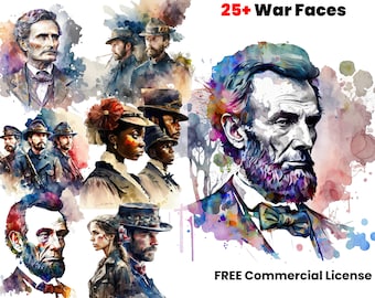 Visages de guerre, Clipart de guerre civile, impression américaine, conception graphique, png patriotique, téléchargement numérique, sublimation, art aquarelle du Sud, guerre