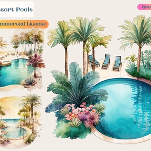 Pool Resort Clipart, zwembad clip art, png Strand, zomerrust, vakantieverlof Digitale waterverf Gratis commercieel gebruik, zwembad png, zwembad