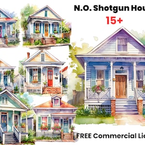 New Orleans Shotgun House Watercolor clipart, New Orleans Clipart, Shotgun house, habitação, comunidade, download digital, casas, bairro