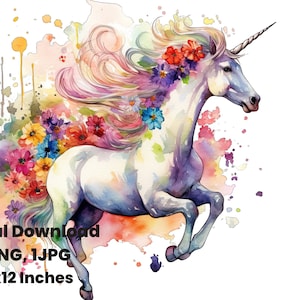 Unicornio floral acuarela Clipart, arte de caballos, fantasía, planificador digital, papel digital, grimorio digital, griego, diseños de sublimación, png